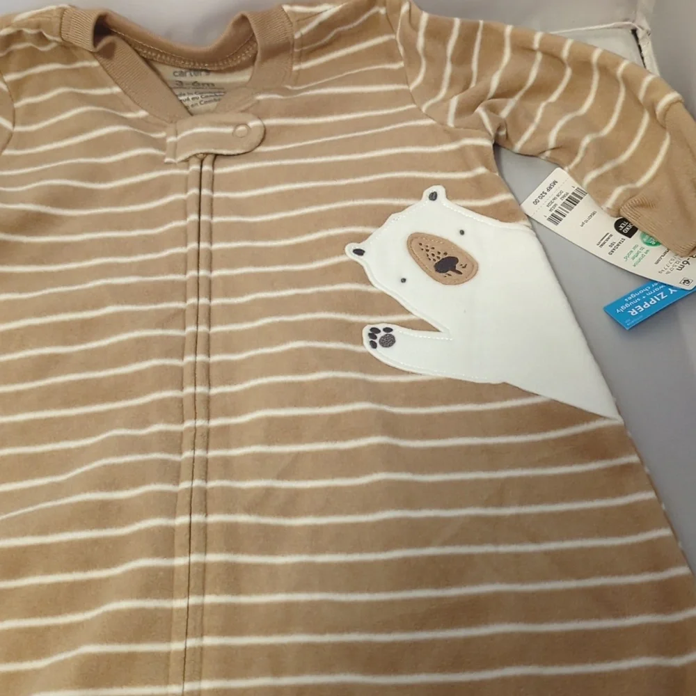 Carter's Tan and White Striped Baby Sleep Sack with Bear Appliqué - Picture 2 of 4